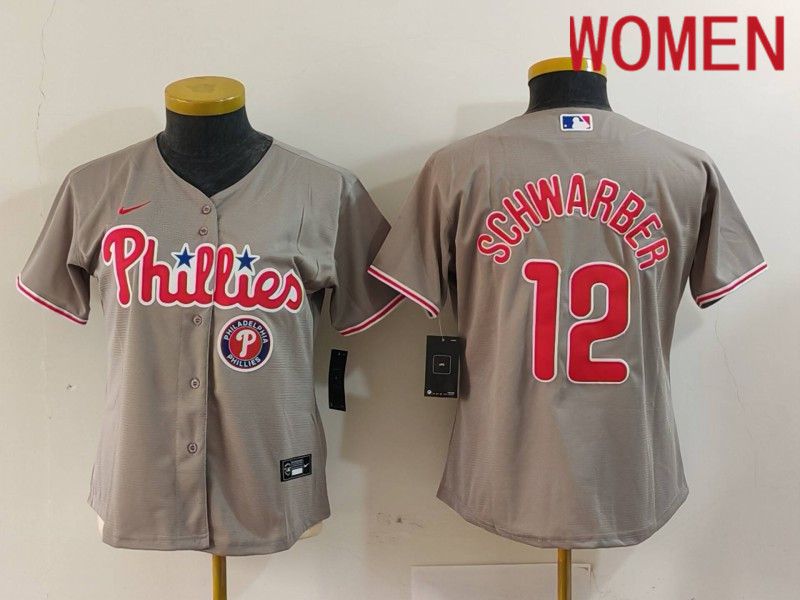 Women Philadelphia Phillies #12 Schwarber Grey Game 2024 Nike MLB Jersey style 2